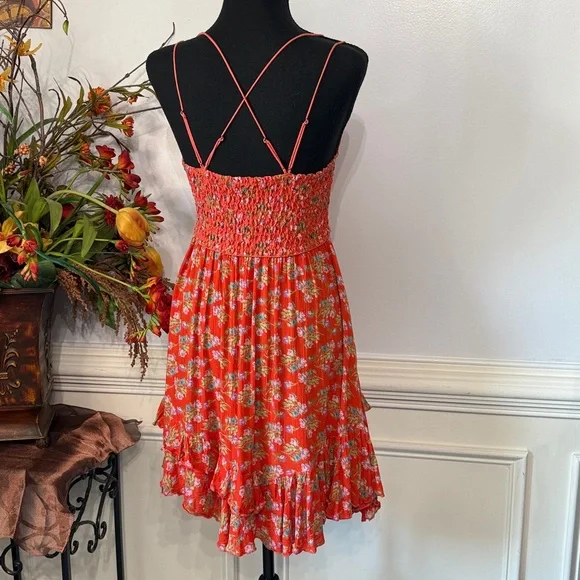 Free People Adella Red Floral Lace Sleeveless Flowing Strappy Dress M - Picture 4 of 8